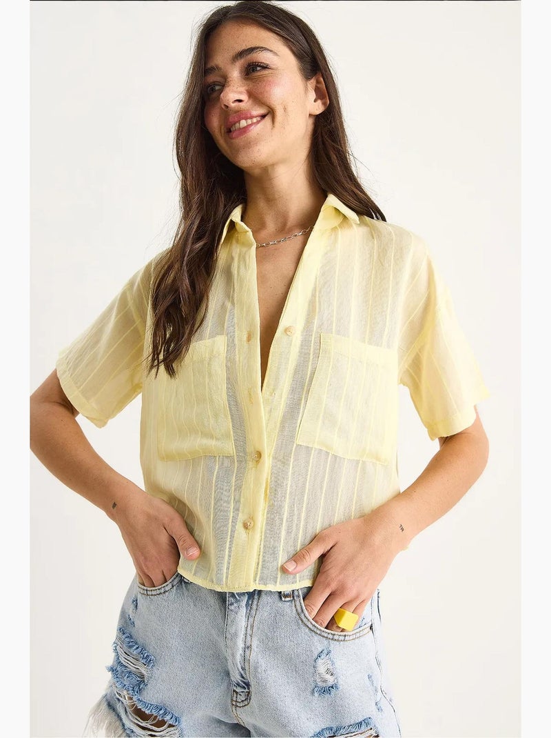 Camicia corta in viscosa a righe con dettaglio doppia tasca lucci Giallo limone - Kiabi