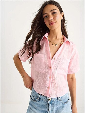 Camicia corta in viscosa a righe con dettaglio doppia tasca lucci