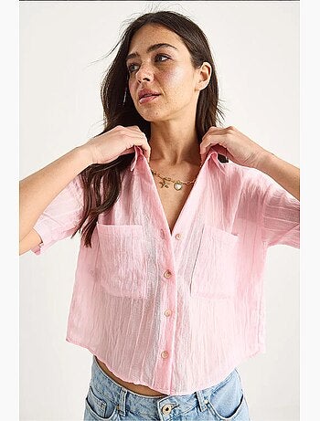 Camicia corta in viscosa a righe con dettaglio doppia tasca lucci