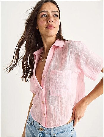 Camicia corta in viscosa a righe con dettaglio doppia tasca lucci