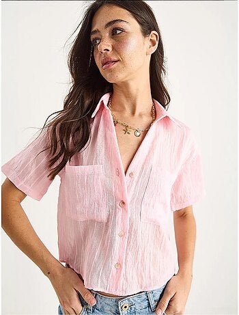 Camicia corta in viscosa a righe con dettaglio doppia tasca lucci