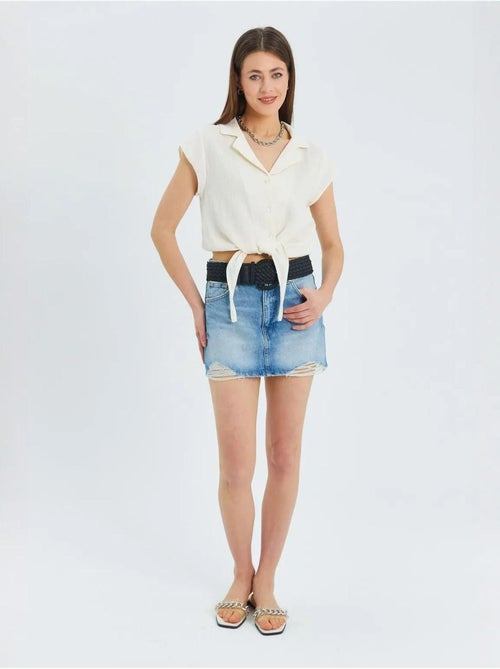 Camicia crop con dettaglio fiocco mixray - Kiabi Camicia crop con dettaglio fiocco mixray - Kiabi