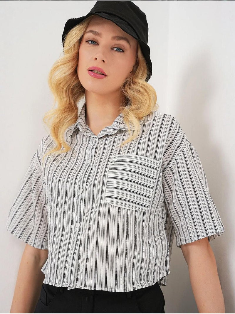 Camicia cropped a righe con tasca bdart Nero - Kiabi