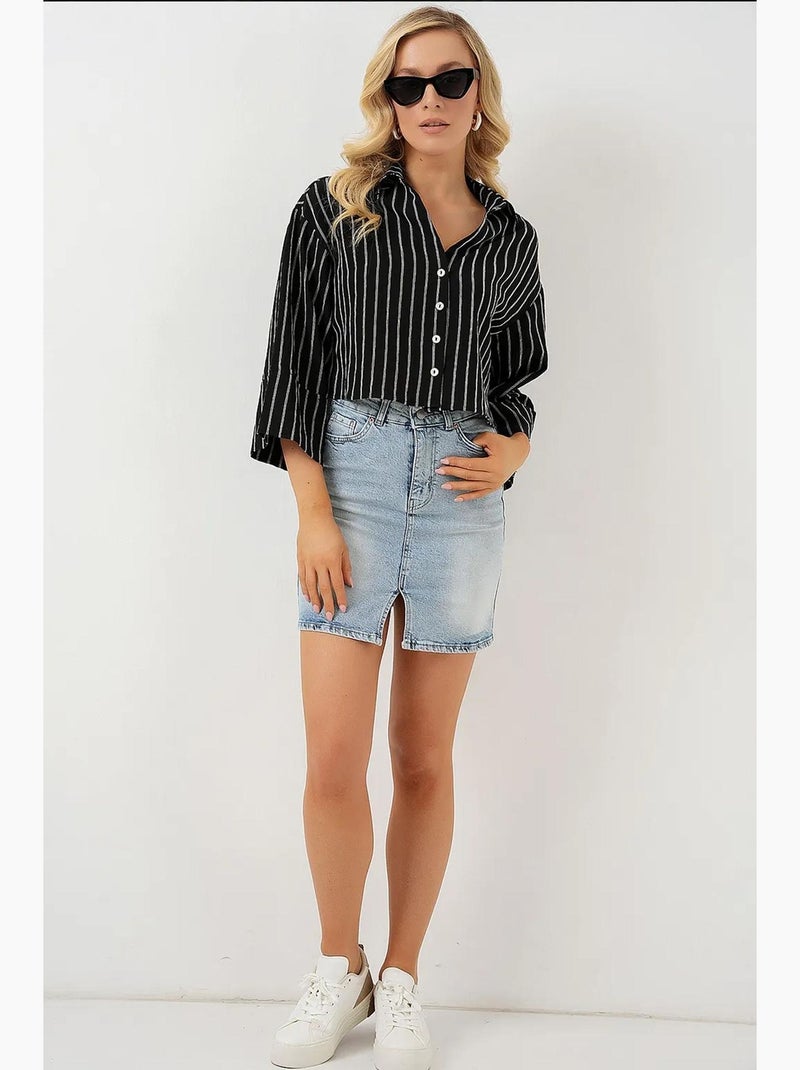 Camicia cropped a righe oversize con chiusura a bottoni bdart Nero - Kiabi