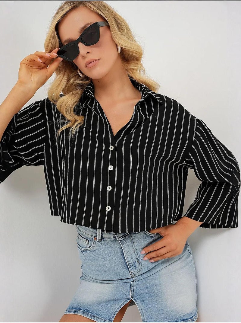 Camicia cropped a righe oversize con chiusura a bottoni bdart Nero - Kiabi