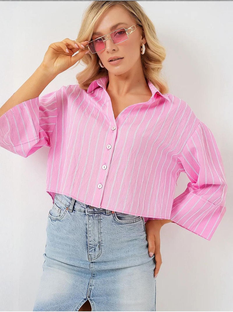 Camicia cropped a righe oversize con chiusura a bottoni bdart Rosa chiaro - Kiabi