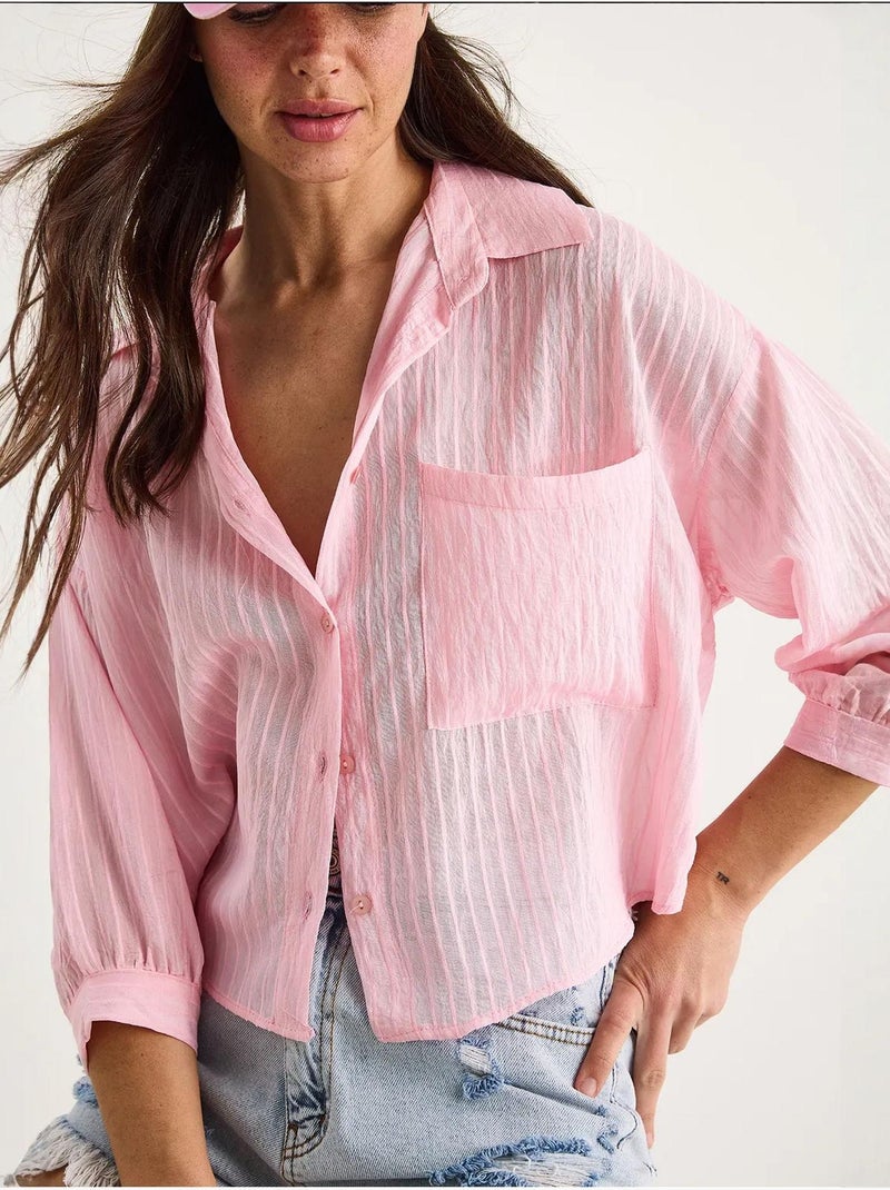 Camicia cropped a righe testurizzate con chiusura a bottoni e taschino lucci Rosa chiaro - Kiabi