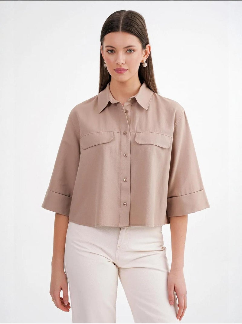 Camicia cropped in popeline a maniche corte mixray Cammello - Kiabi