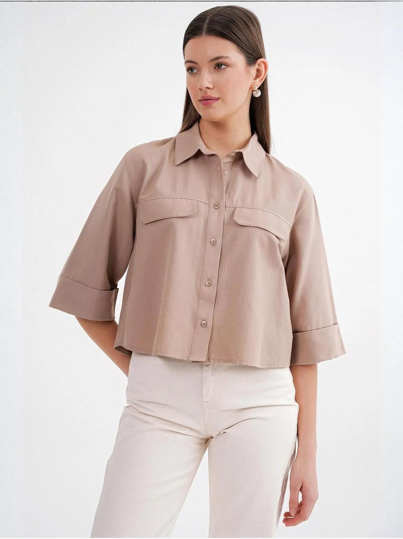Camicia cropped in popeline a maniche corte mixray Cammello - Kiabi