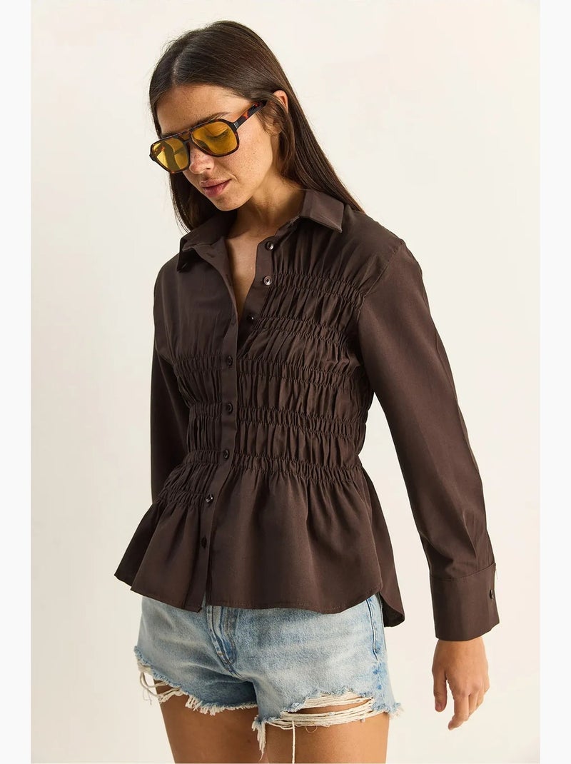 Camicia da donna in popeline di misto cotone dalla vestibilità regolare lucci Marrone - Kiabi