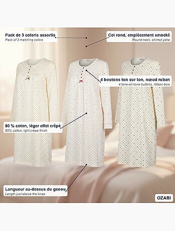 Camicia da notte donna confezione da 3, cotone manica lunga, girocollo 4 bottoni ozabi
