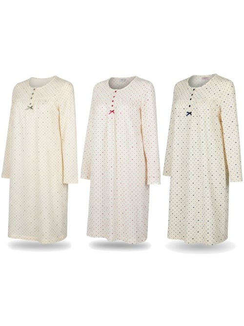 Camicia da notte donna confezione da 3, cotone manica lunga, girocollo 4 bottoni ozabi - Kiabi Camicia da notte donna confezione da 3, cotone manica lunga, girocollo 4 bottoni ozabi - Kiabi