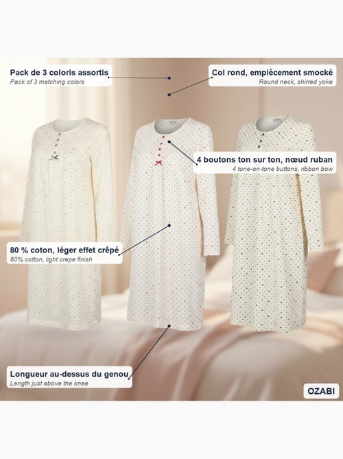 Camicia da notte donna confezione da 3, cotone manica lunga, girocollo 4 bottoni ozabi - Kiabi Camicia da notte donna confezione da 3, cotone manica lunga, girocollo 4 bottoni ozabi - Kiabi