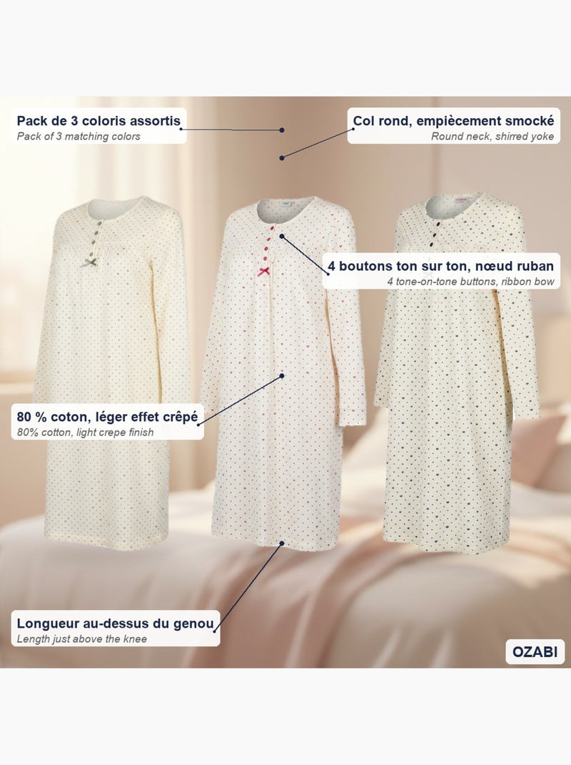 Camicia da notte donna confezione da 3, cotone manica lunga, girocollo 4 bottoni ozabi Blu Rosa - Kiabi