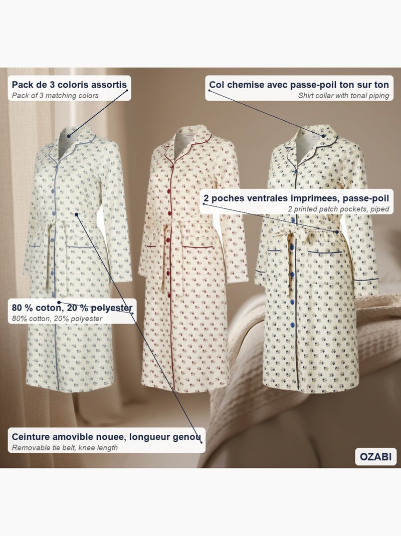 Camicia da notte donna ozabi confezione da 3, cotone, collo bottoni Blu Rosso - Kiabi