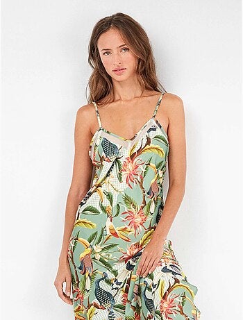 Camicia da notte midi in raso con stampa tropicale esotica