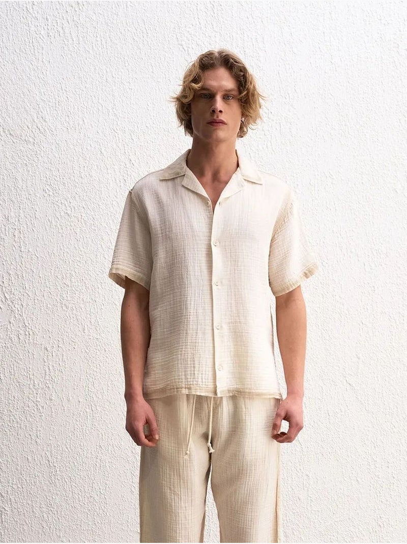 Camicia da uomo in cotone testurizzato a maniche corte giesto Ecru - Kiabi
