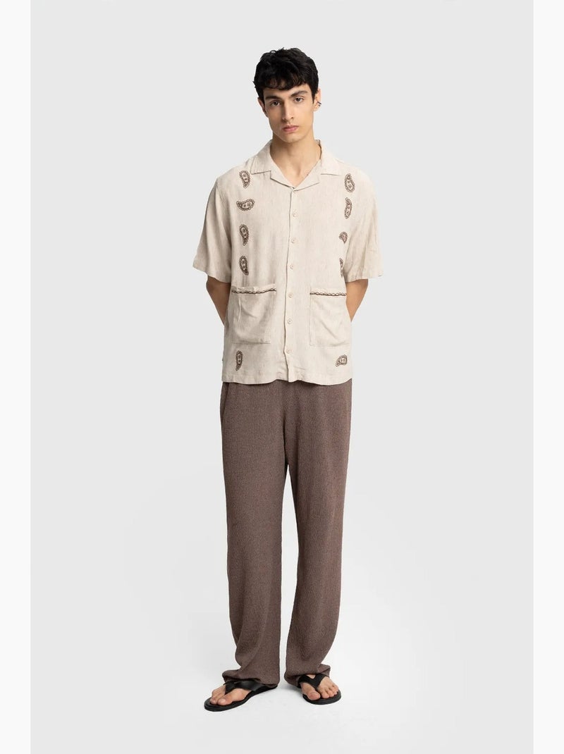 Camicia da uomo in popeline di cotone ricamata a maniche corte giesto Beige naturale - Kiabi