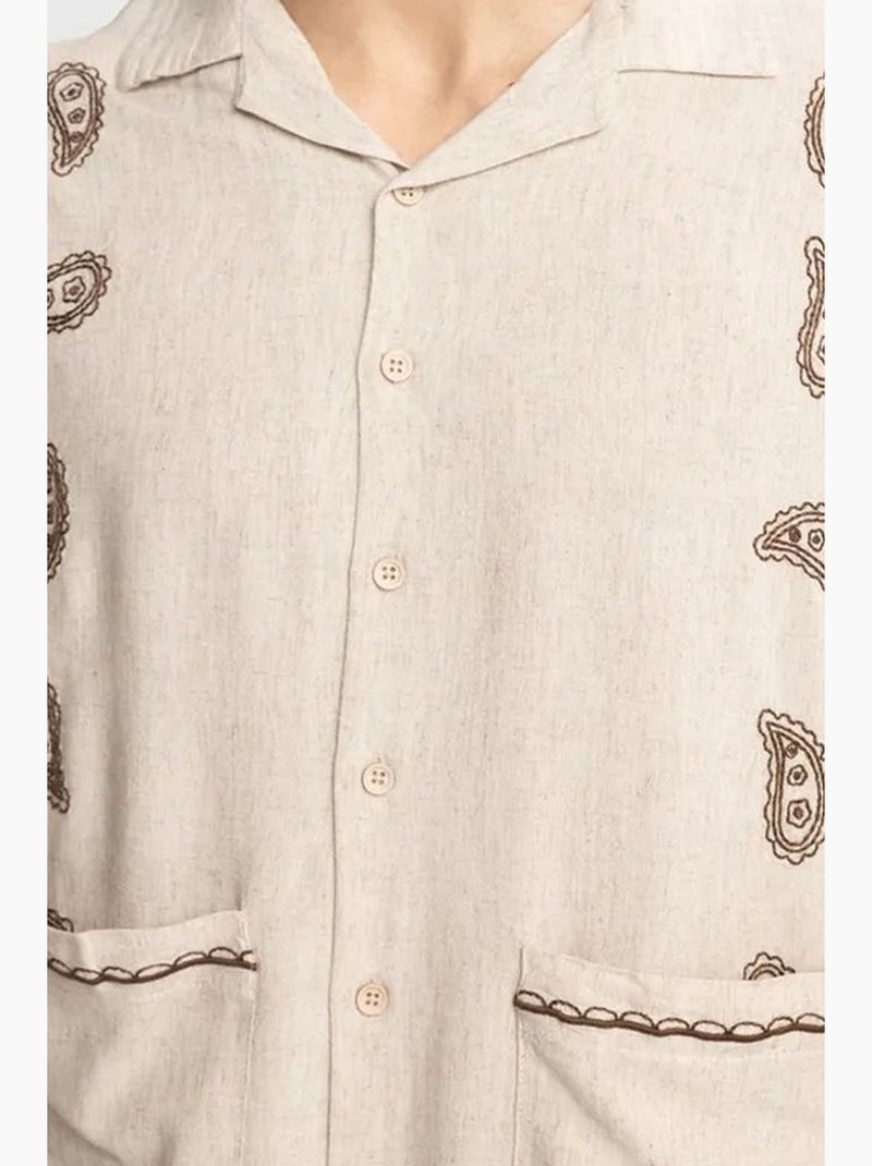 Camicia da uomo in popeline di cotone ricamata a maniche corte giesto Beige naturale - Kiabi