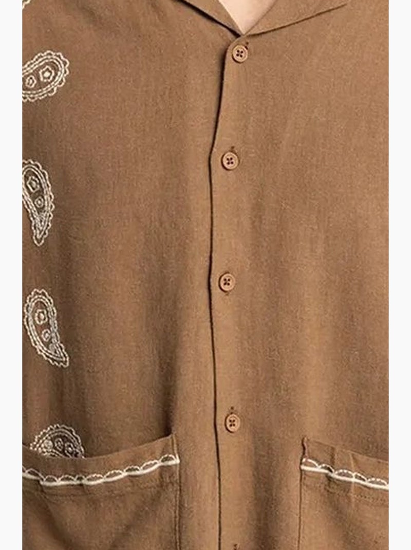 Camicia da uomo in popeline di cotone ricamata a maniche corte giesto Cammello - Kiabi