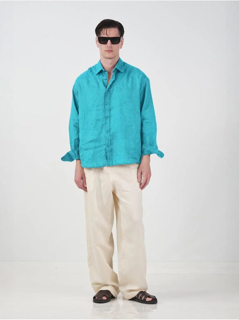 Camicia da uomo oversize in lino a maniche lunghe giesto Turchese - Kiabi