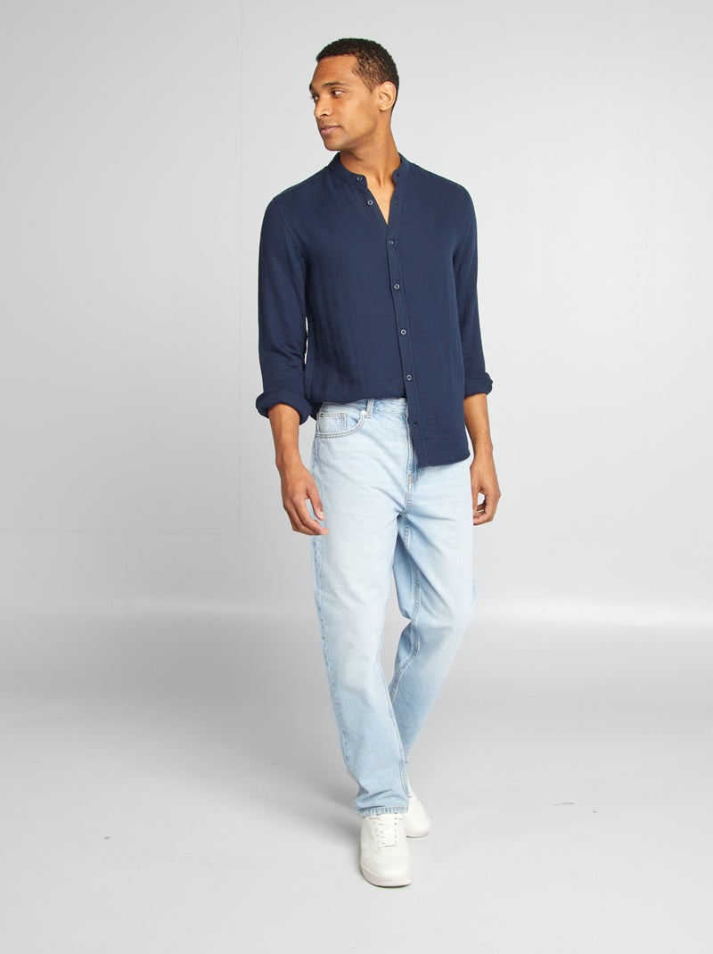 Camicia dobby taglio dritto scollo tondo blu - Kiabi