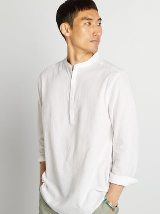 Camicia dritta con collo alla coreana in misto lino