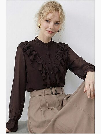 Camicia in chiffon con ruches, colletto alla coreana e maniche lunghe lucci