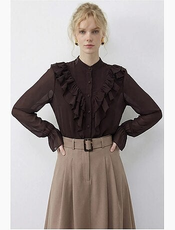 Camicia in chiffon con ruches, colletto alla coreana e maniche lunghe lucci