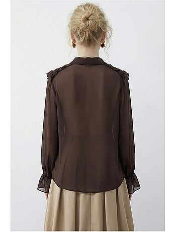 Camicia in chiffon con ruches, colletto alla coreana e maniche lunghe lucci