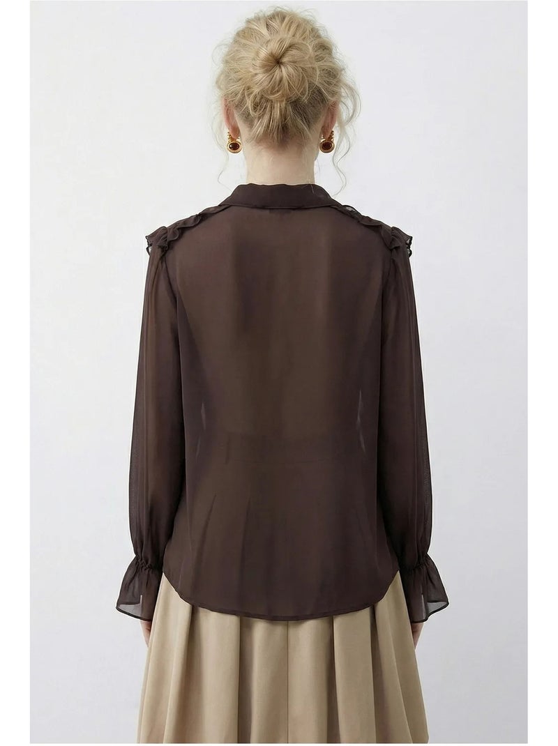 Camicia in chiffon con ruches, colletto alla coreana e maniche lunghe lucci Marrone scuro - Kiabi