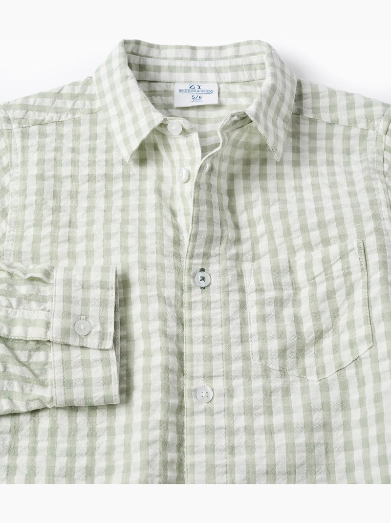 Camicia in cotone a manica lunga con motivo vichy b&s Verde chiaro - Kiabi