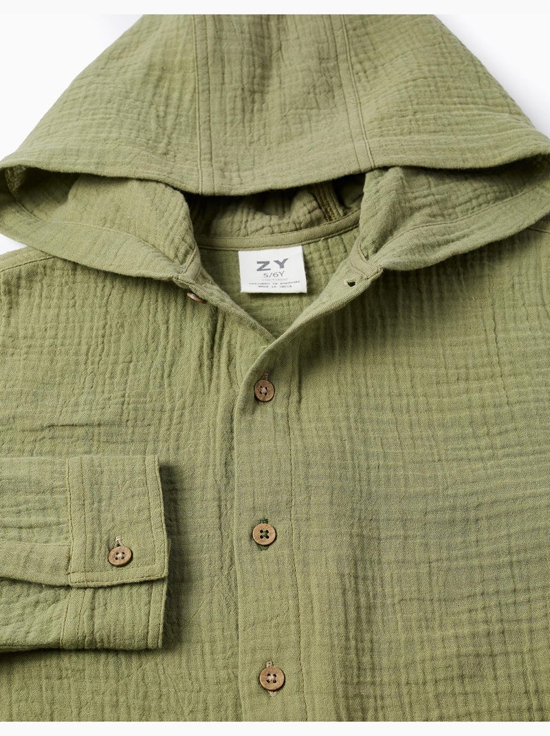 Camicia in cotone a maniche lunghe con cappuccio Verde scuro - Kiabi