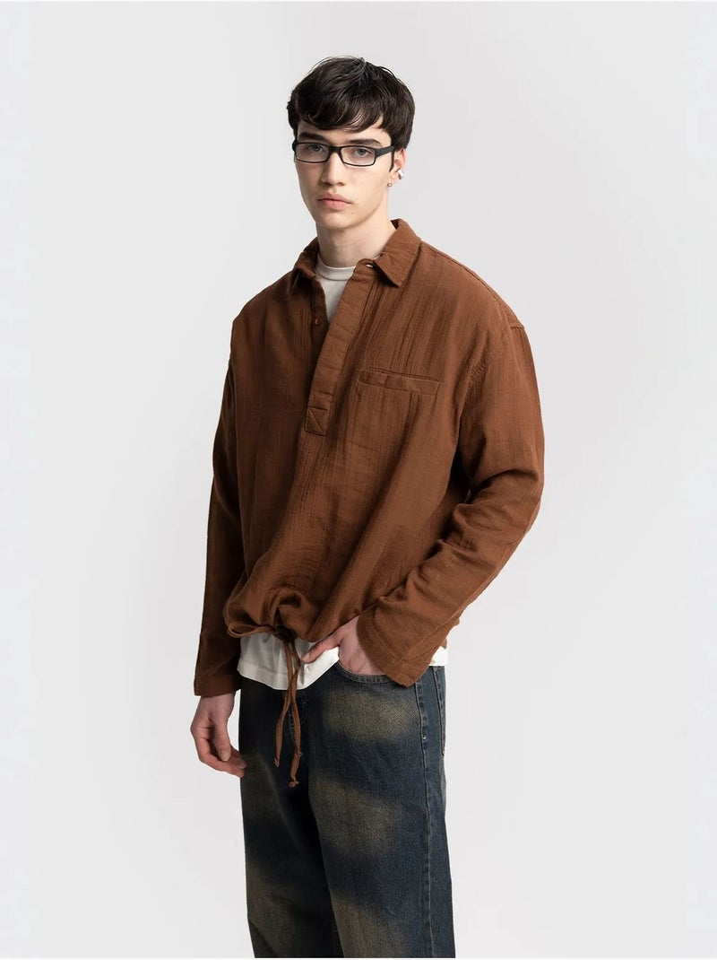 Camicia in cotone a maniche lunghe dalla vestibilità rilassata con dettaglio cravatta giesto Marrone - Kiabi