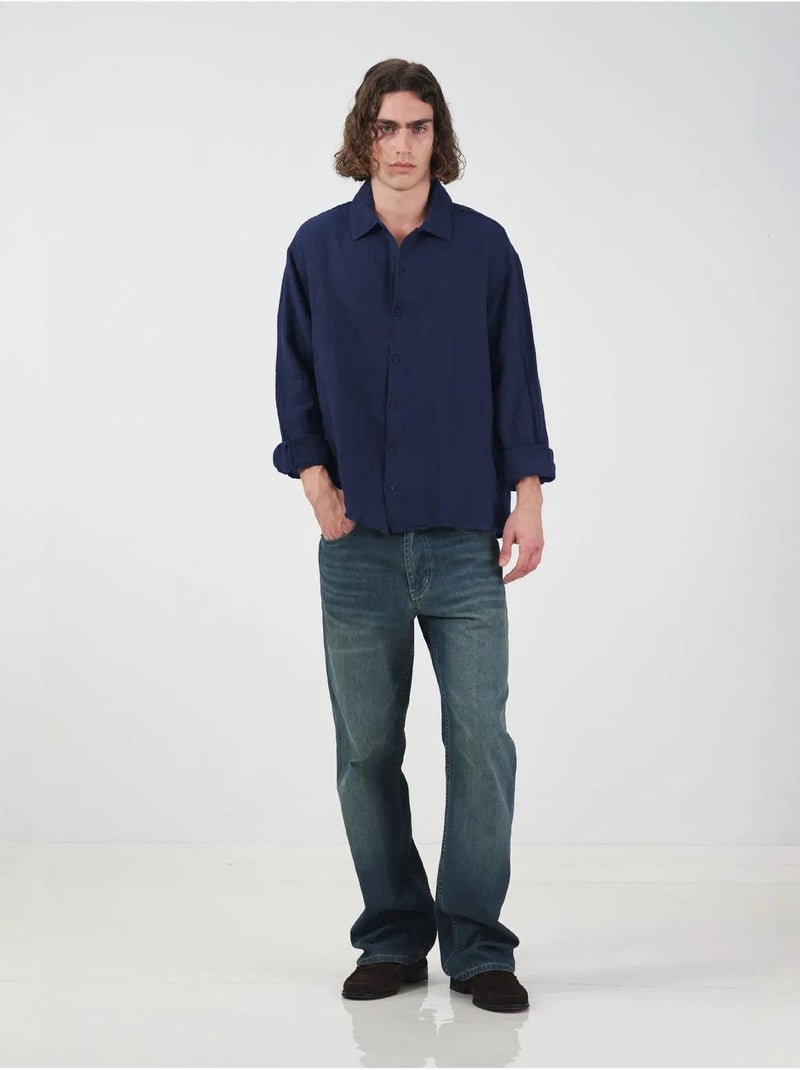 Camicia in cotone a maniche lunghe dalla vestibilità rilassata giesto Blu laguna - Kiabi