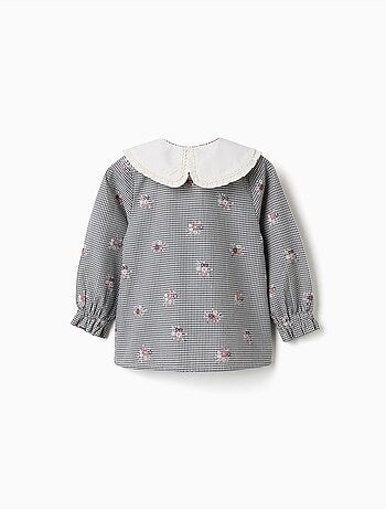 Camicia in cotone a quadretti con stampa floreale