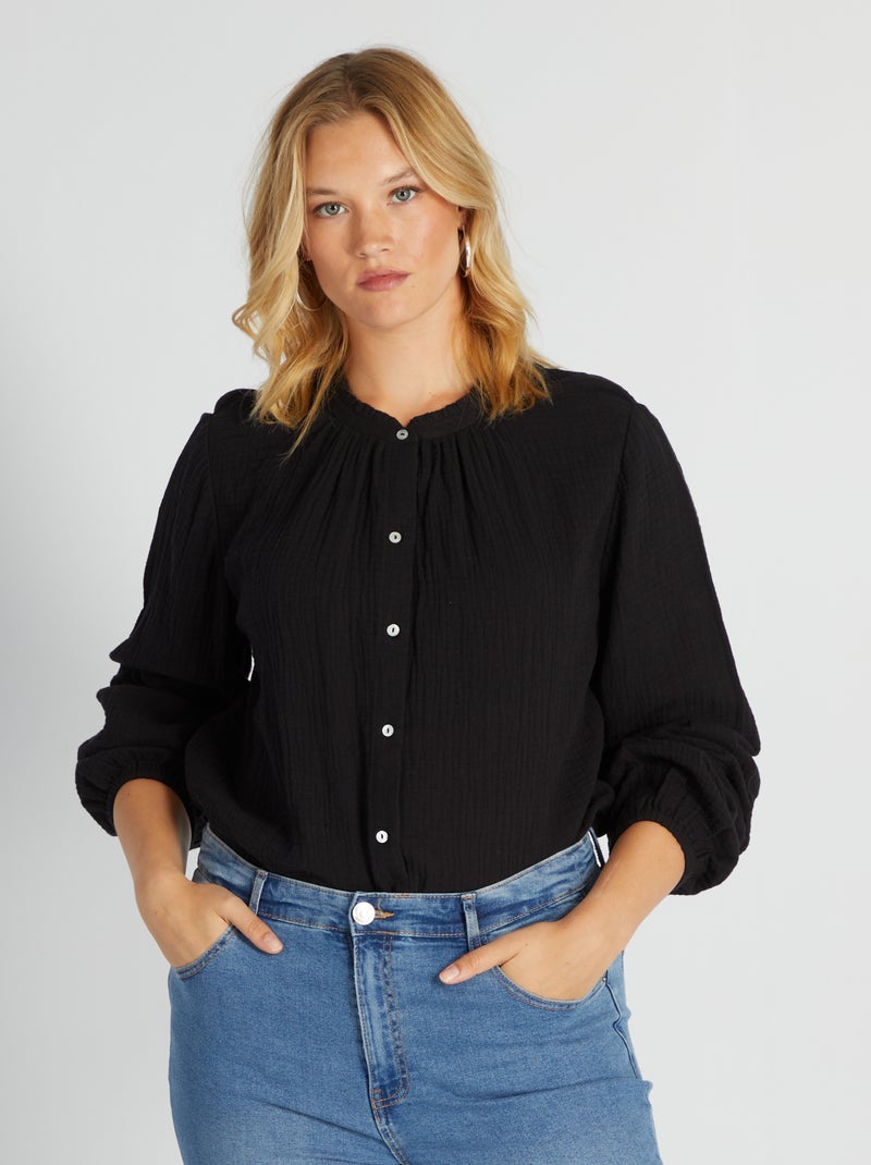 Camicia in cotone collo con volant Nero - Kiabi