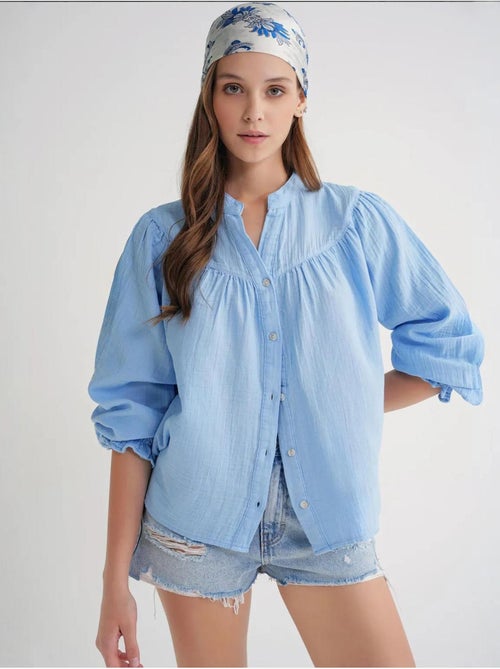 Camicia in cotone con colletto alla coreana e bottoni mixray - Kiabi Camicia in cotone con colletto alla coreana e bottoni mixray - Kiabi