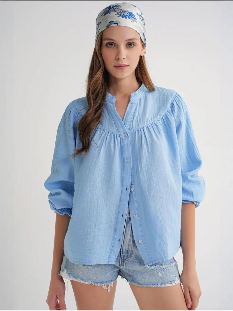 Camicia in cotone con colletto alla coreana e bottoni mixray Blu cielo - Kiabi
