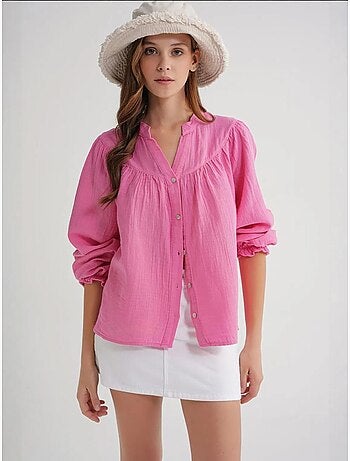 Camicia in cotone con colletto alla coreana e bottoni mixray