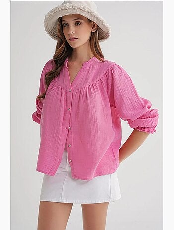Camicia in cotone con colletto alla coreana e bottoni mixray