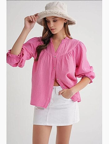 Camicia in cotone con colletto alla coreana e bottoni mixray