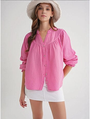 Camicia in cotone con colletto alla coreana e bottoni mixray
