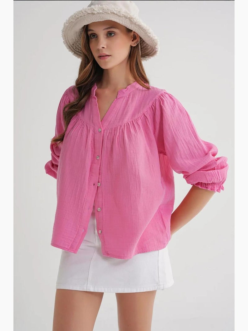 Camicia in cotone con colletto alla coreana e bottoni mixray Rosa fluo/Solinotes - Kiabi