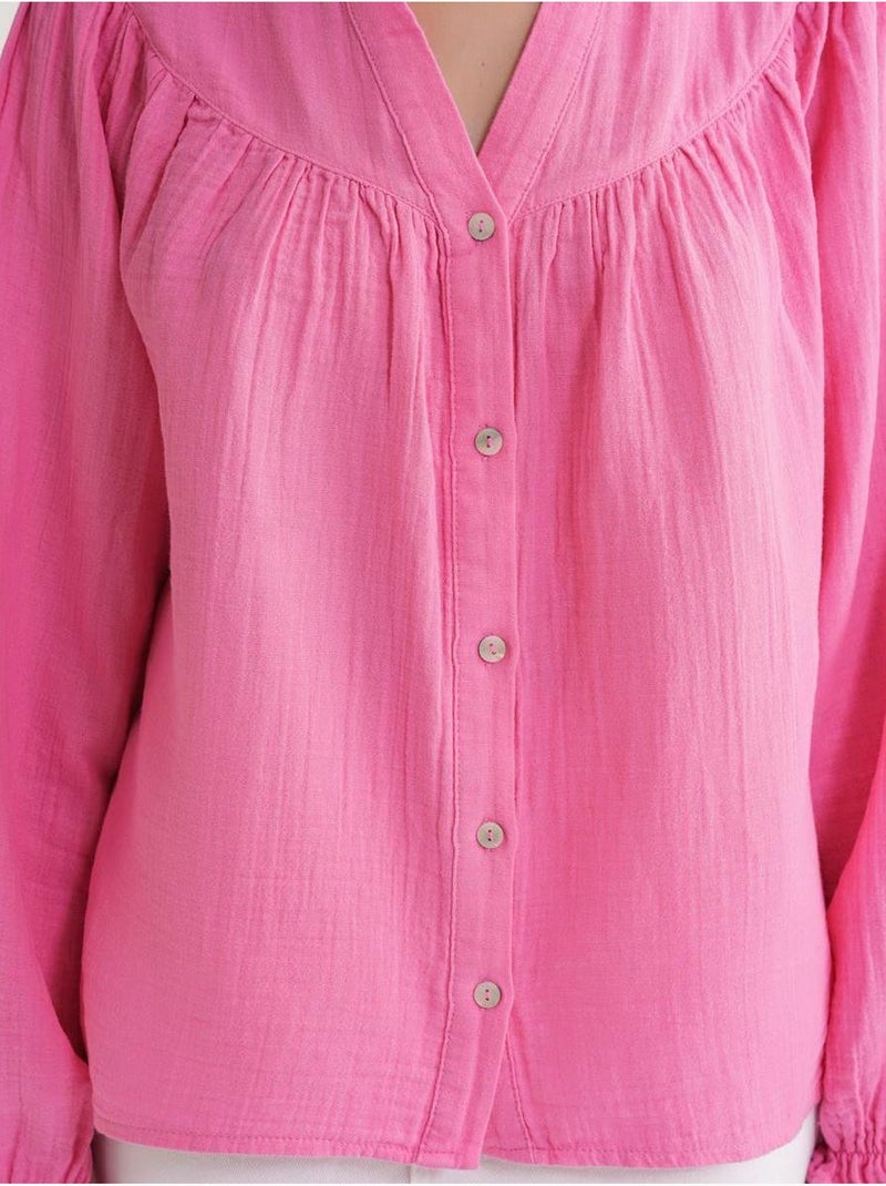 Camicia in cotone con colletto alla coreana e bottoni mixray Rosa fluo/Solinotes - Kiabi