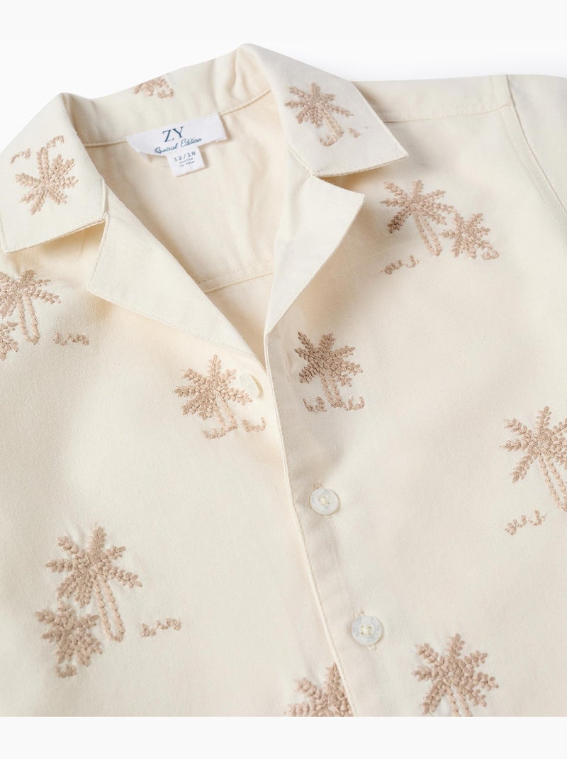 Camicia in cotone con palme ricamate Bianco - Kiabi