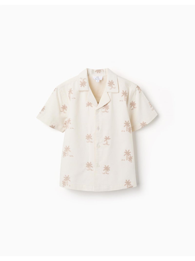 Camicia in cotone con palme ricamate Bianco - Kiabi