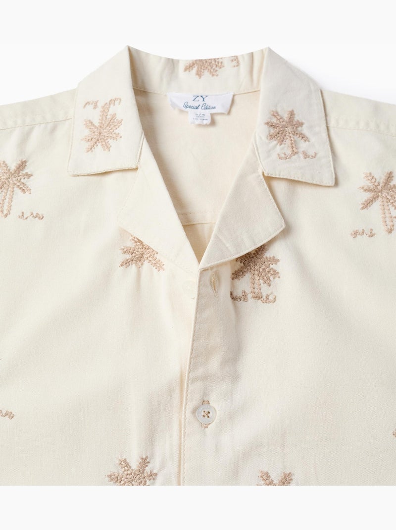 Camicia in cotone con palme ricamate Bianco - Kiabi
