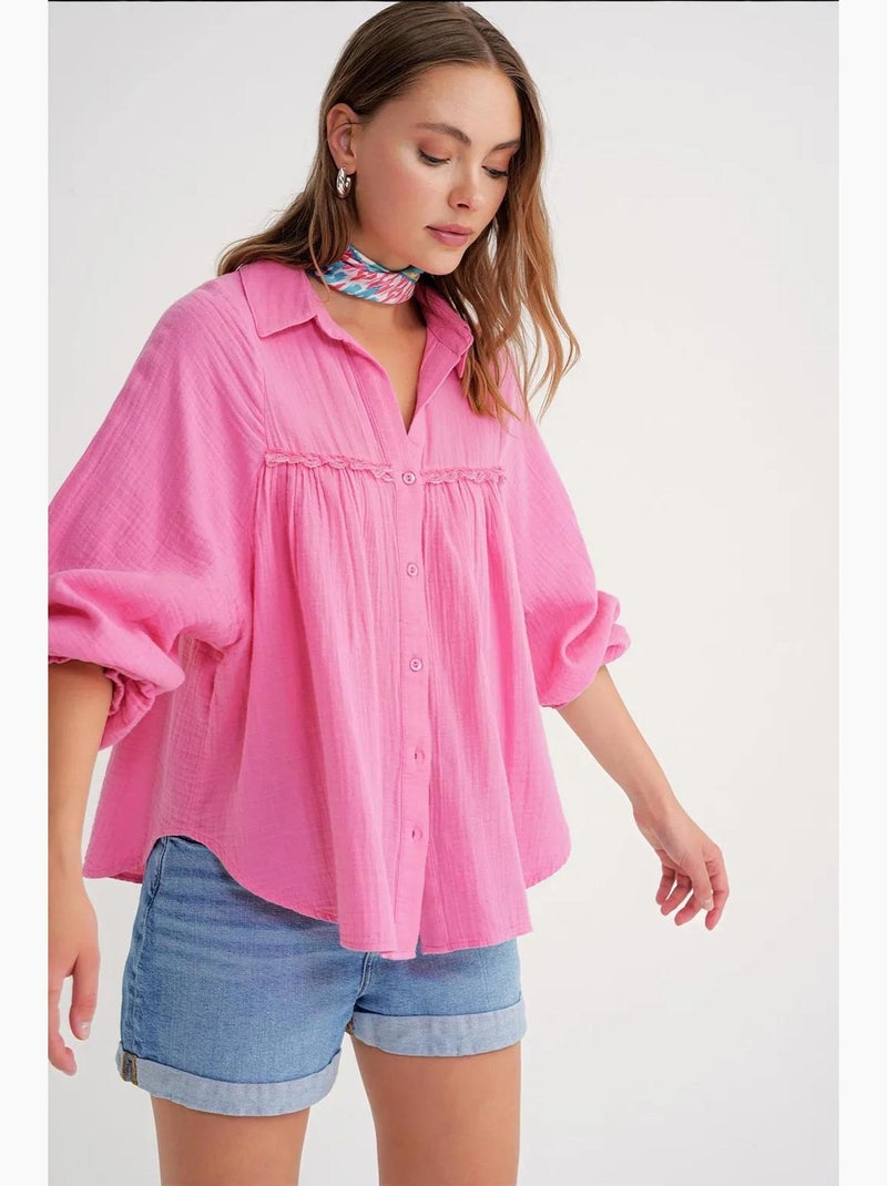 Camicia in cotone testurizzato con bottoni mixray Rosa fluo/Solinotes - Kiabi
