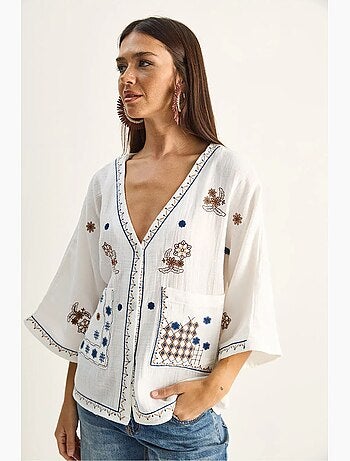 Camicia in crepe di cotone ricamato con scollo a v lucci